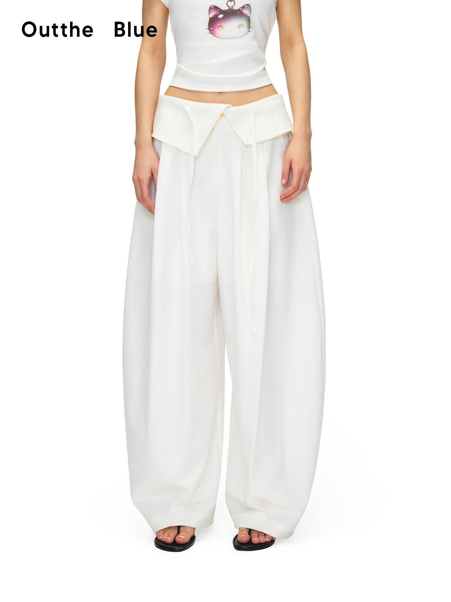 OuttheBlue Stretch Polyester Blend Natural Waist Casual White Women Wide-Leg Pants