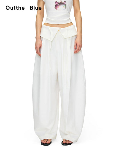 OuttheBlue Stretch Polyester Blend Natural Waist Casual White Women Wide-Leg Pants