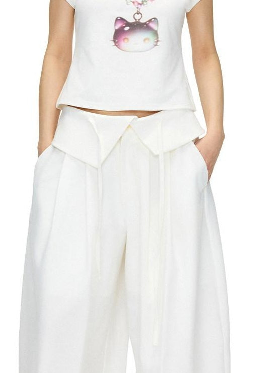 OuttheBlue Stretch Polyester Blend Natural Waist Casual White Women Wide-Leg Pants