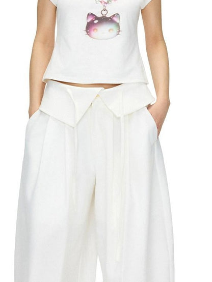 OuttheBlue Stretch Polyester Blend Natural Waist Casual White Women Wide-Leg Pants