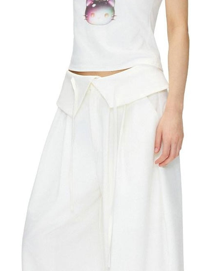 OuttheBlue Stretch Polyester Blend Natural Waist Casual White Women Wide-Leg Pants