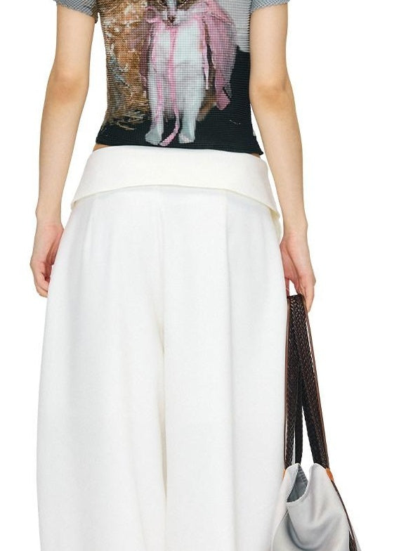 OuttheBlue Stretch Polyester Blend Natural Waist Casual White Women Wide-Leg Pants