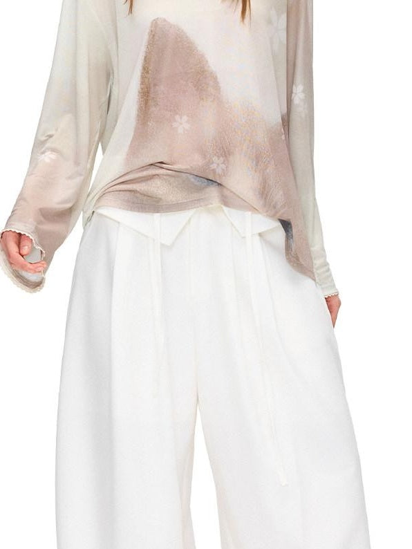 OuttheBlue Stretch Polyester Blend Natural Waist Casual White Women Wide-Leg Pants
