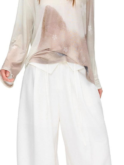 OuttheBlue Stretch Polyester Blend Natural Waist Casual White Women Wide-Leg Pants
