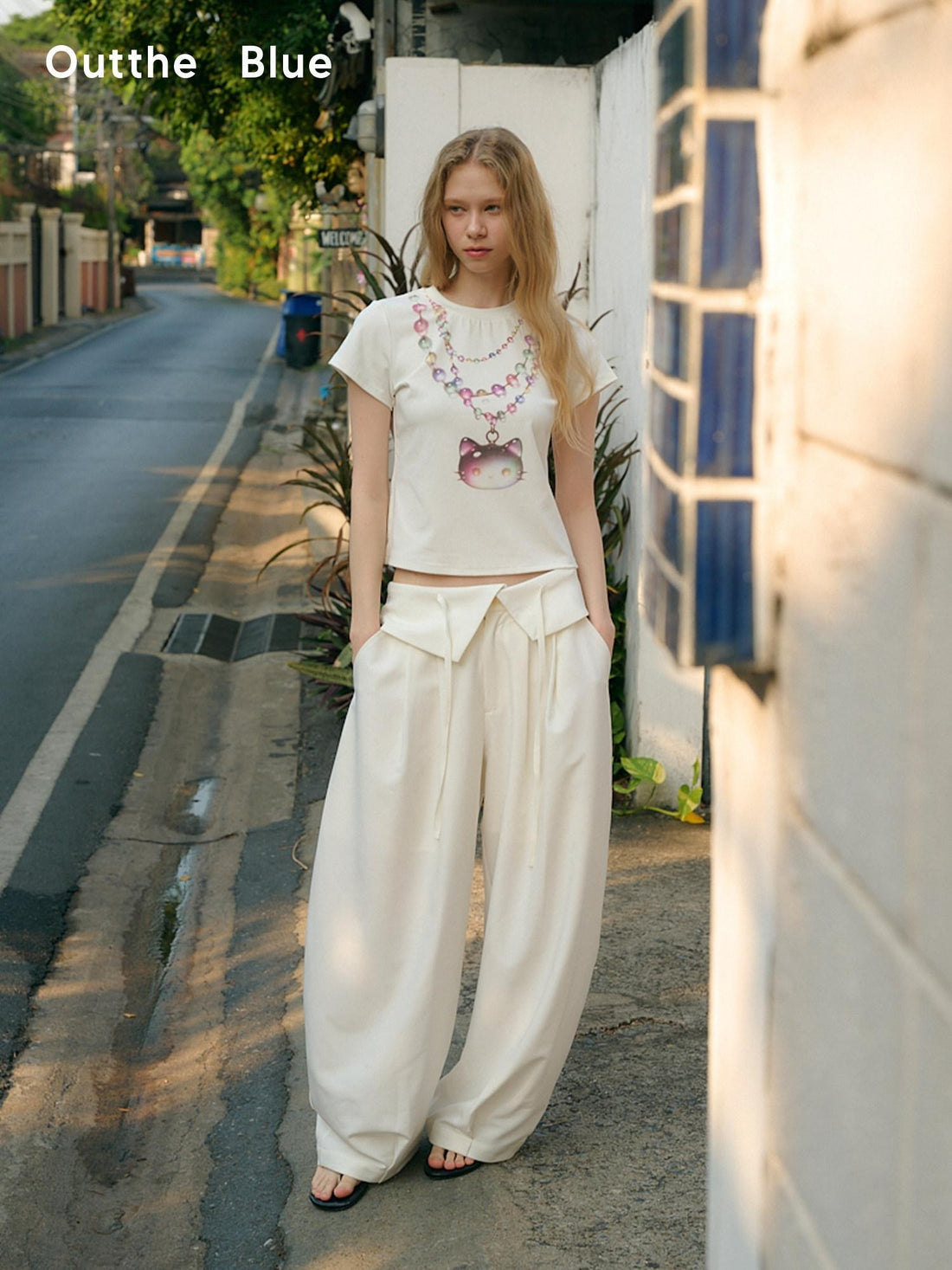 OuttheBlue Stretch Polyester Blend Natural Waist Casual White Women Wide-Leg Pants