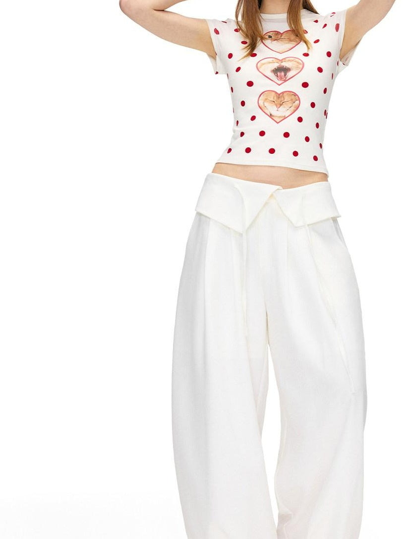 OuttheBlue Stretch Polyester Blend Natural Waist Casual White Women Wide-Leg Pants
