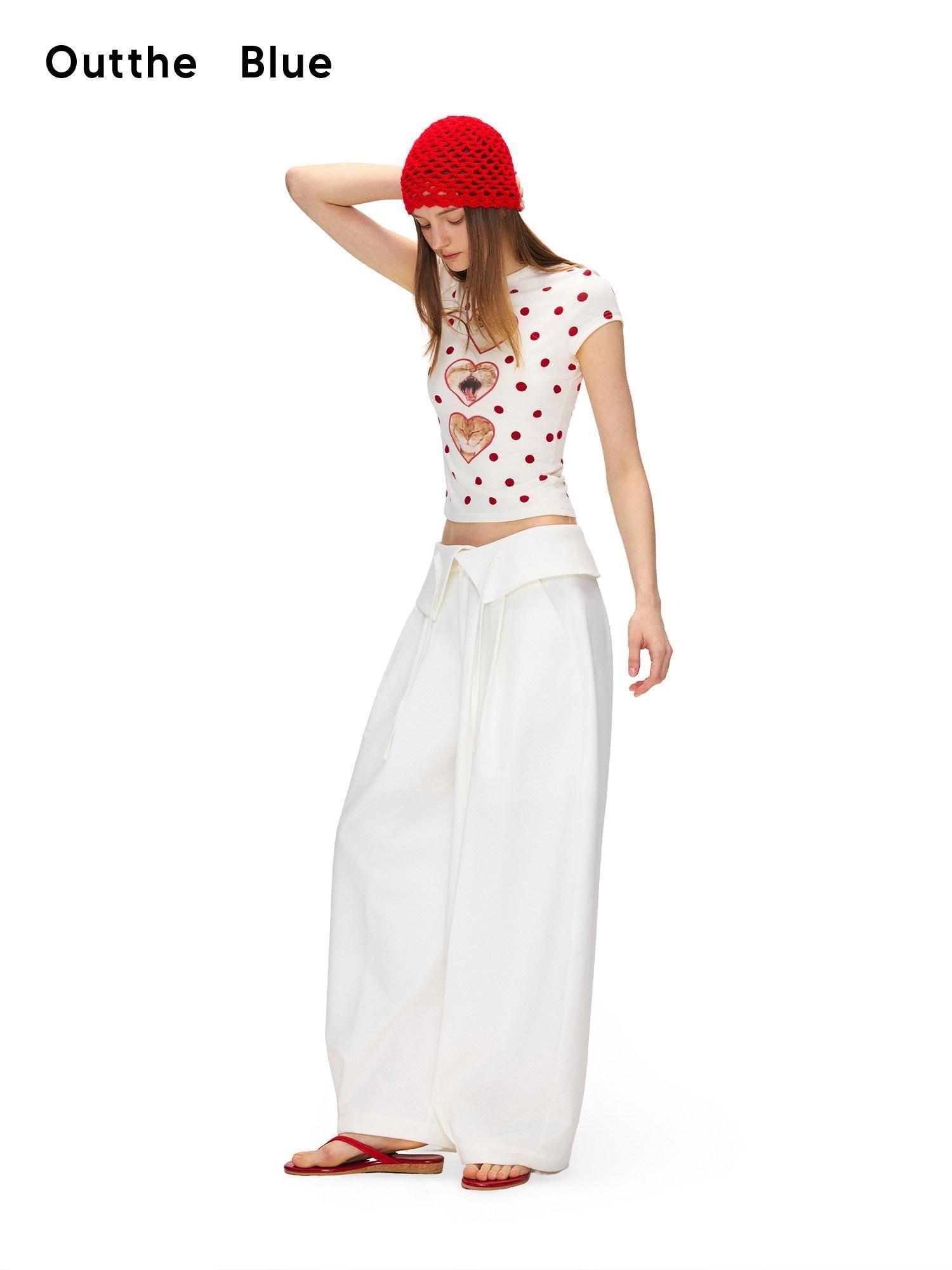 OuttheBlue Stretch Polyester Blend Natural Waist Casual White Women Wide-Leg Pants