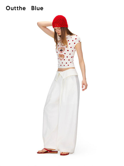 OuttheBlue Stretch Polyester Blend Natural Waist Casual White Women Wide-Leg Pants