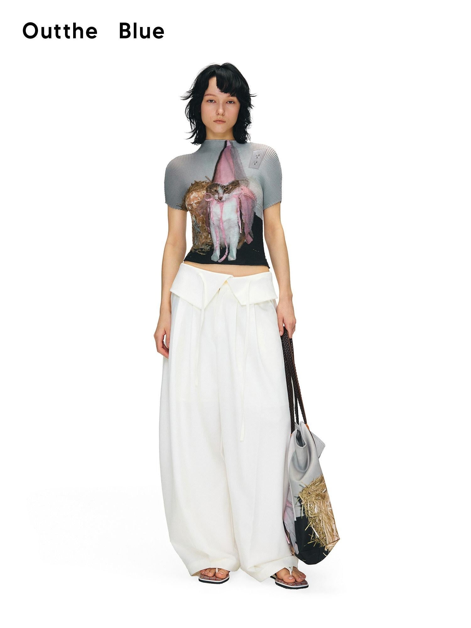 OuttheBlue Stretch Polyester Blend Natural Waist Casual White Women Wide-Leg Pants