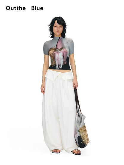 OuttheBlue Stretch Polyester Blend Natural Waist Casual White Women Wide-Leg Pants