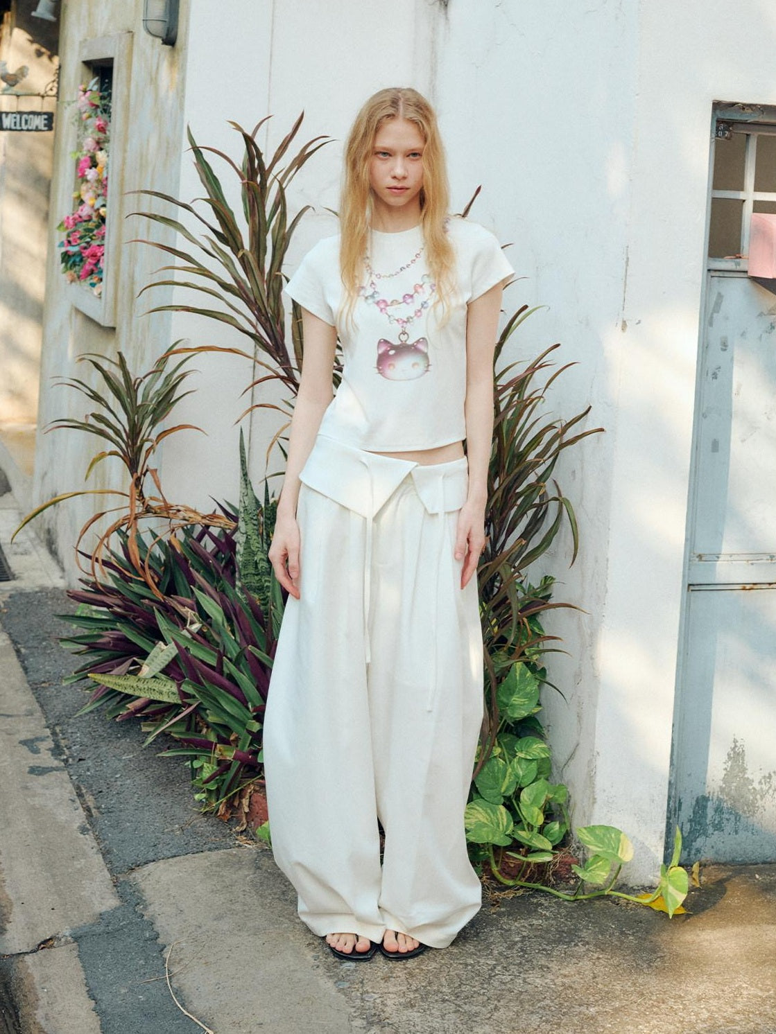 OuttheBlue Stretch Polyester Blend Natural Waist Casual White Women Wide-Leg Pants
