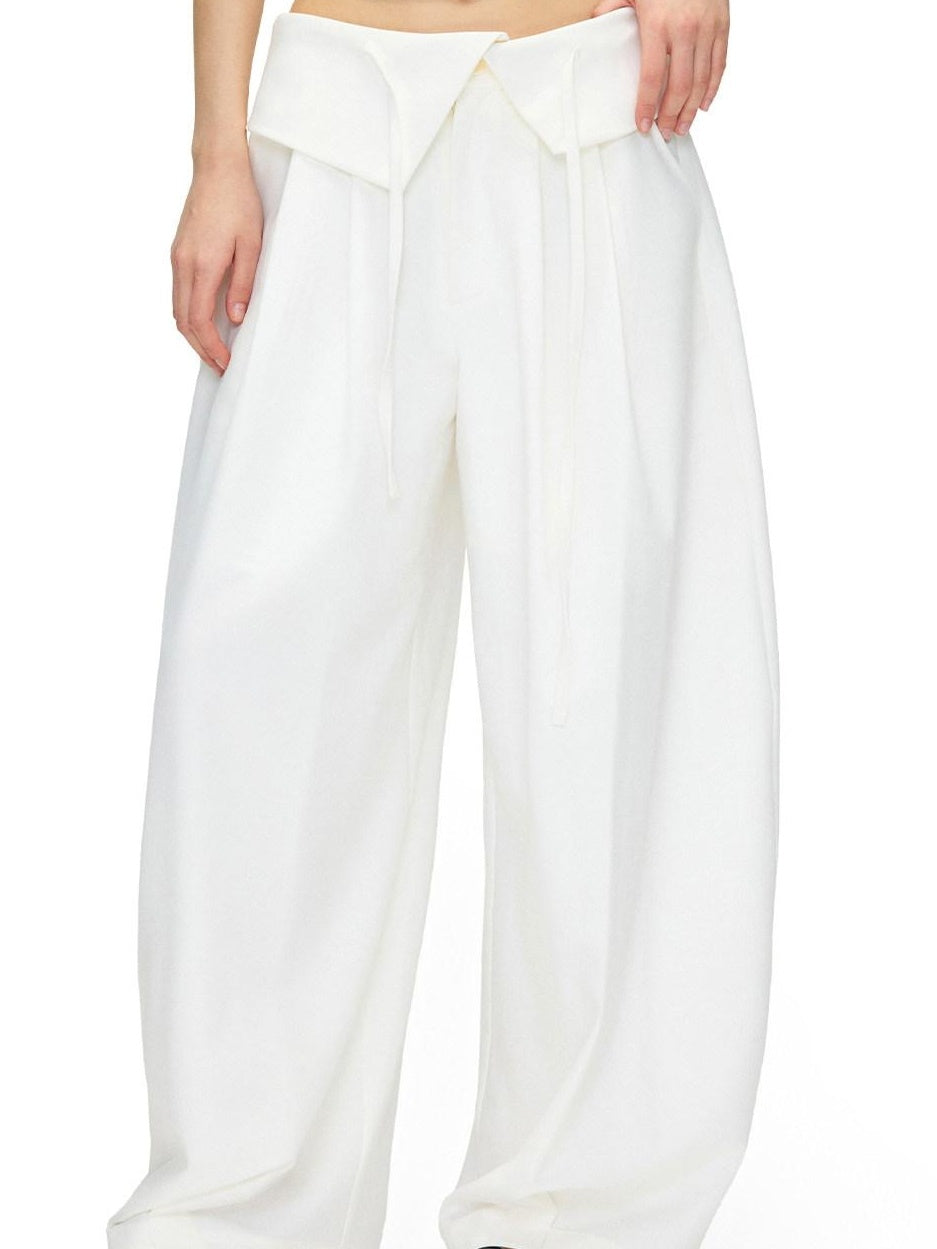 OuttheBlue Stretch Polyester Blend Natural Waist Casual White Women Wide-Leg Pants