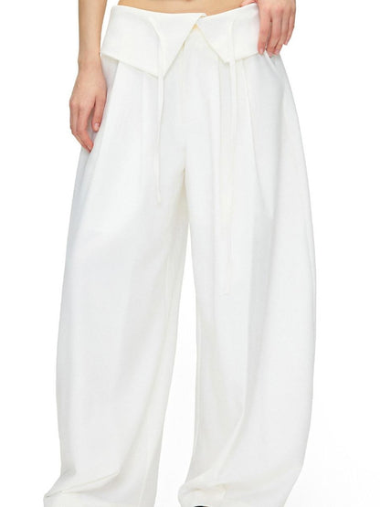 OuttheBlue Stretch Polyester Blend Natural Waist Casual White Women Wide-Leg Pants