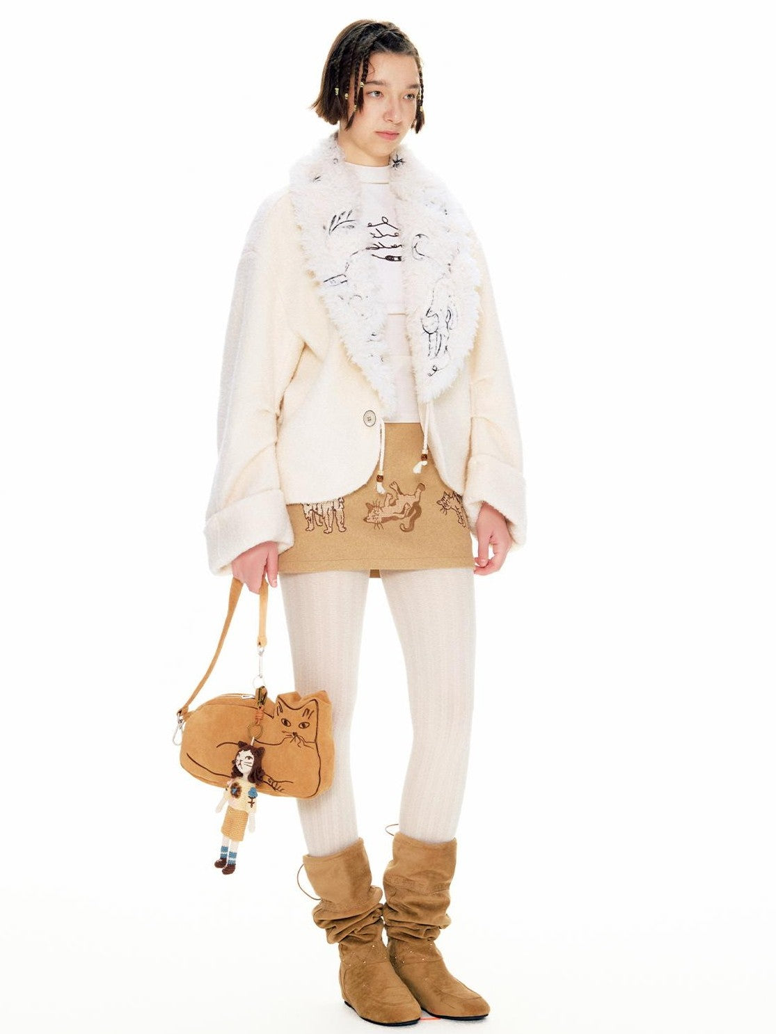 OuttheBlue Suede Cat Embroidery Women&