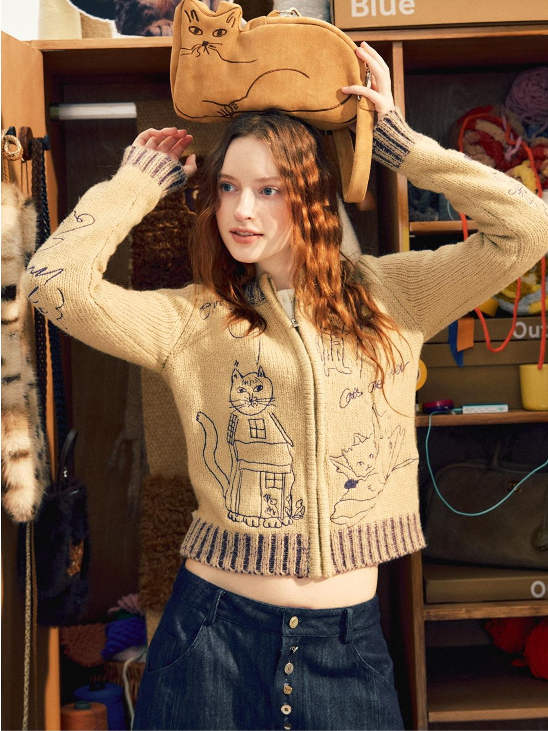 OuttheBlue Suede Cat Embroidery Women&