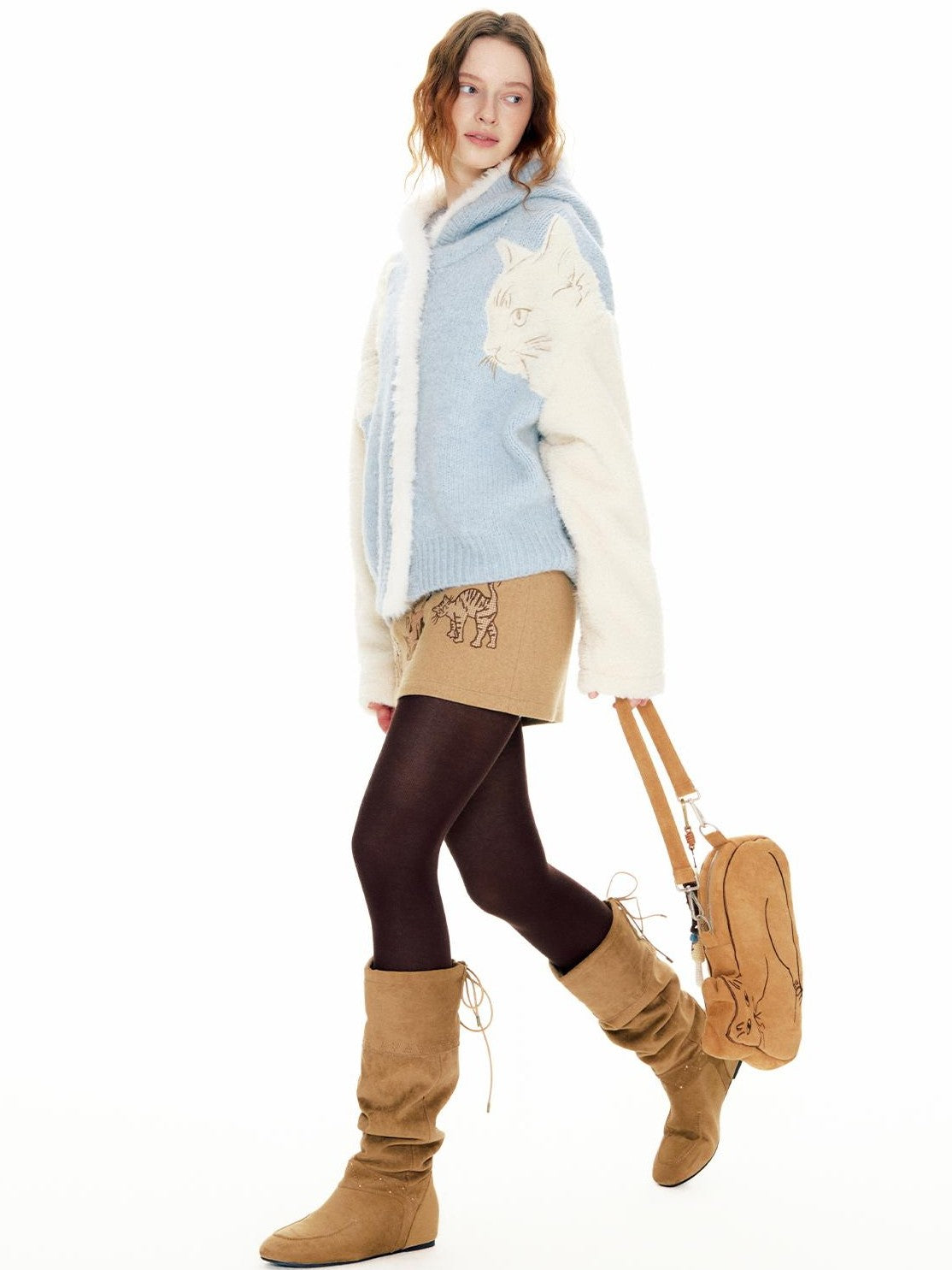 OuttheBlue Suede Cat Embroidery Women&