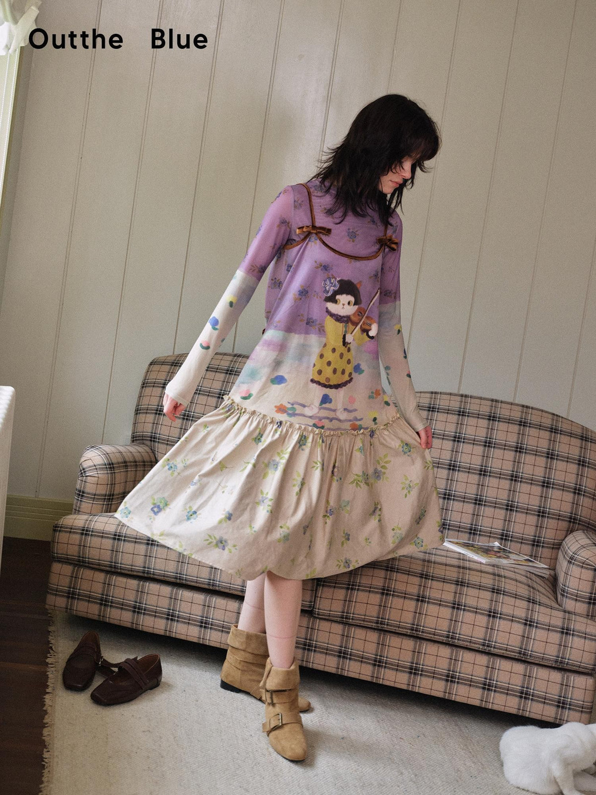 OuttheBlue Suede Cat Print Floral Colorblock Aline Women&