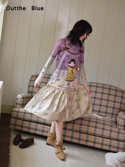 OuttheBlue Suede Cat Print Floral Colorblock Aline Women&