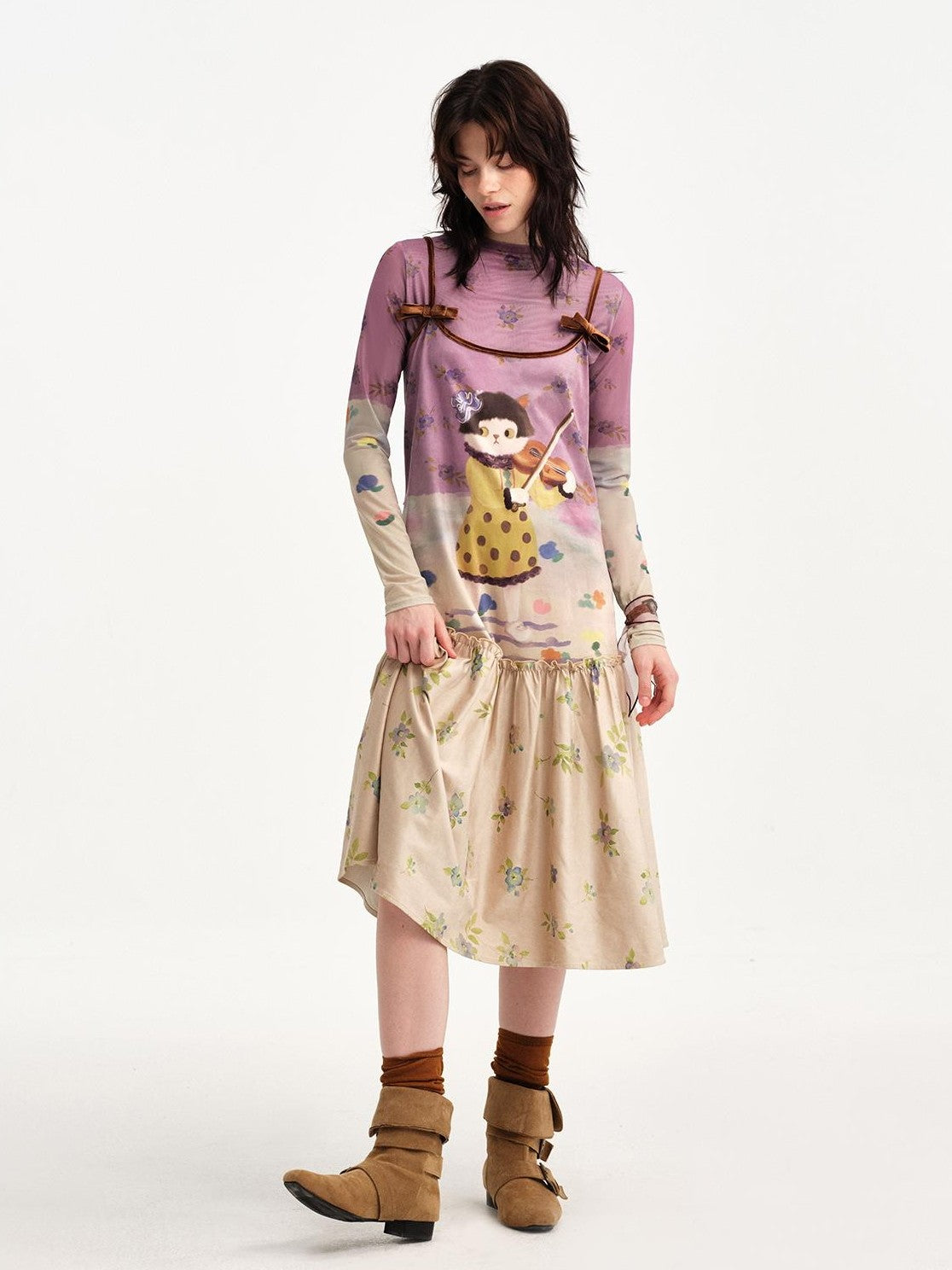 OuttheBlue Suede Cat Print Floral Colorblock Aline Women&