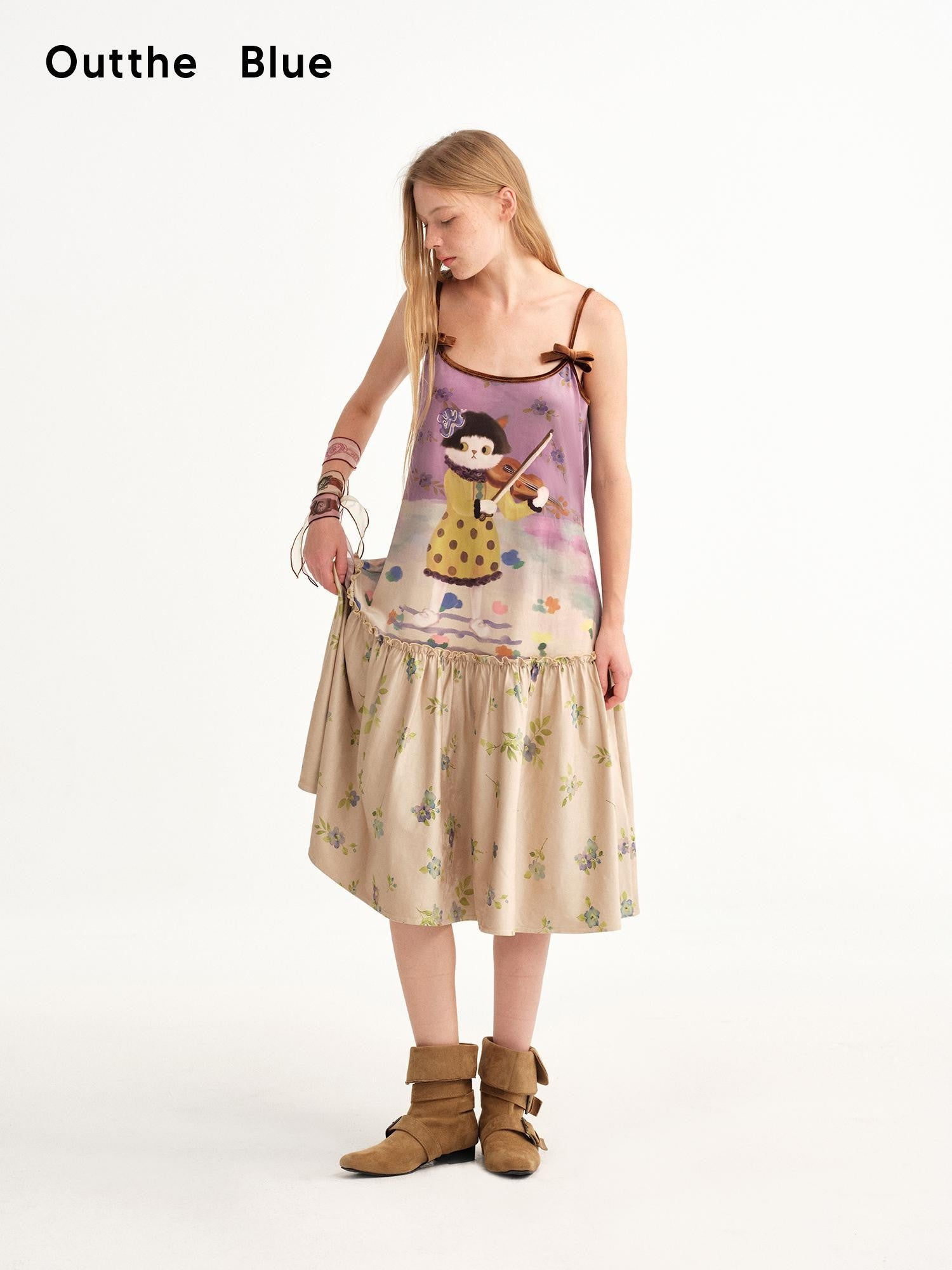OuttheBlue Suede Cat Print Floral Colorblock Aline Women&