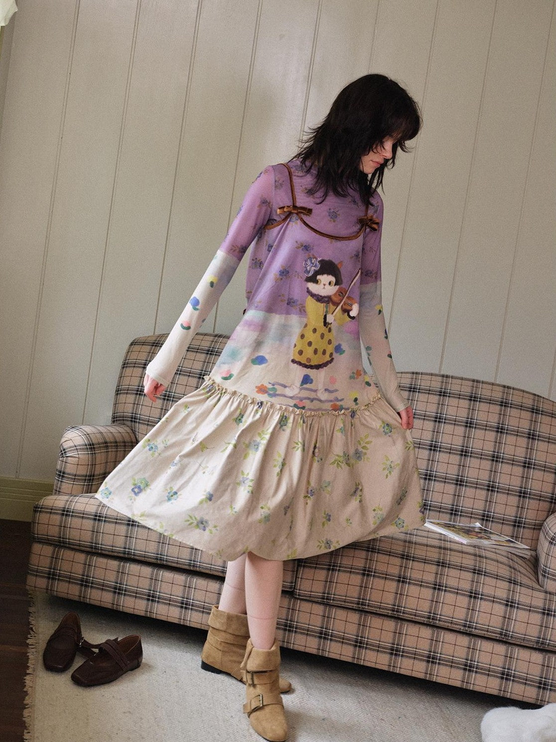 OuttheBlue Suede Cat Print Floral Colorblock Aline Women&