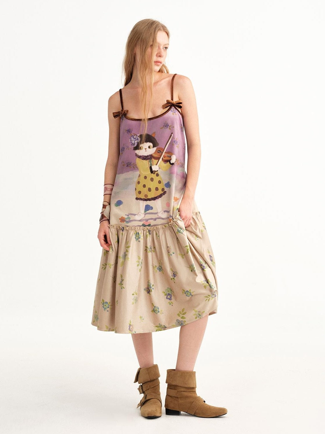 OuttheBlue Suede Cat Print Floral Colorblock Aline Women&