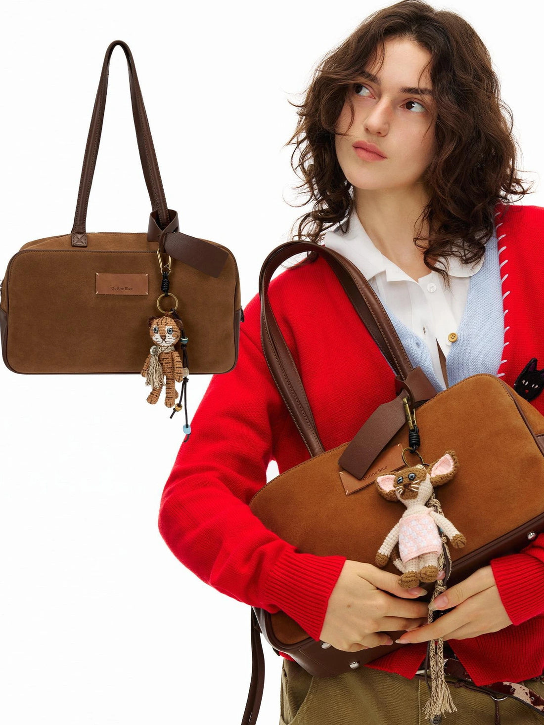 OuttheBlue Suede Trimmed Shoulder Bowling Bag