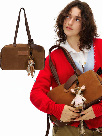 OuttheBlue Suede Trimmed Shoulder Bowling Bag