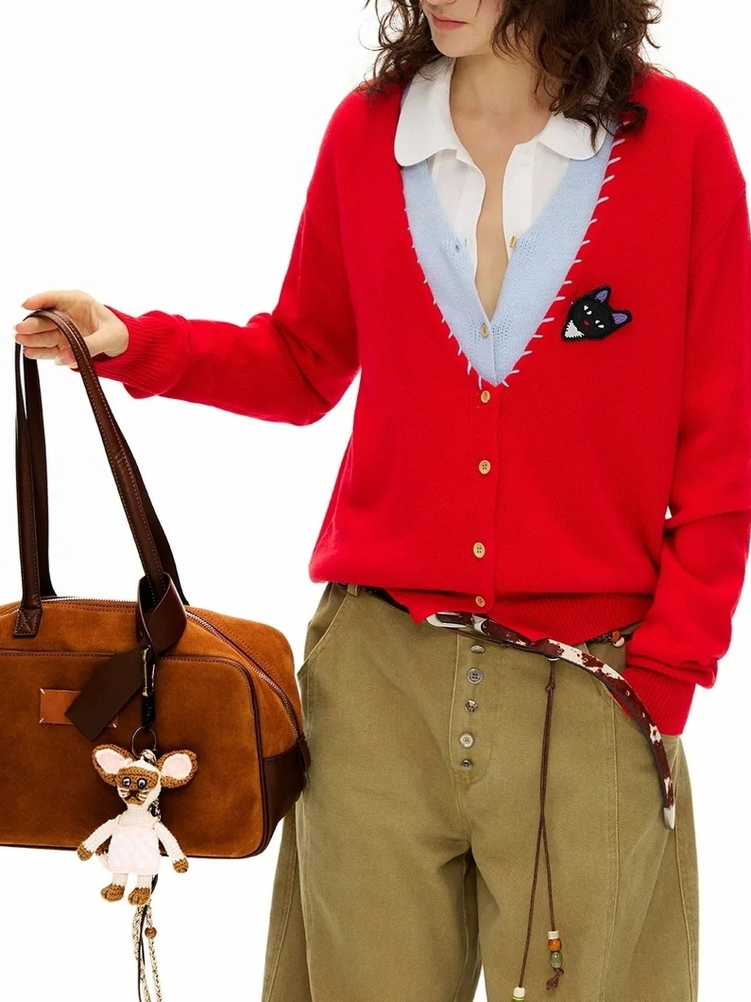 OuttheBlue Suede Trimmed Shoulder Bowling Bag