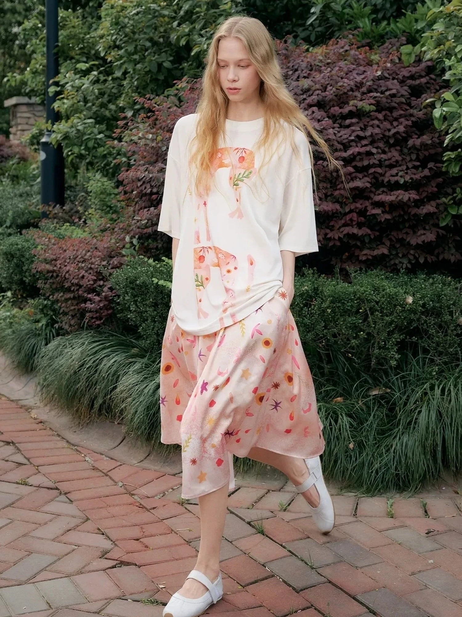 OuttheBlue Summer Blooms Lyocell Relaxed Tee Skirt Set