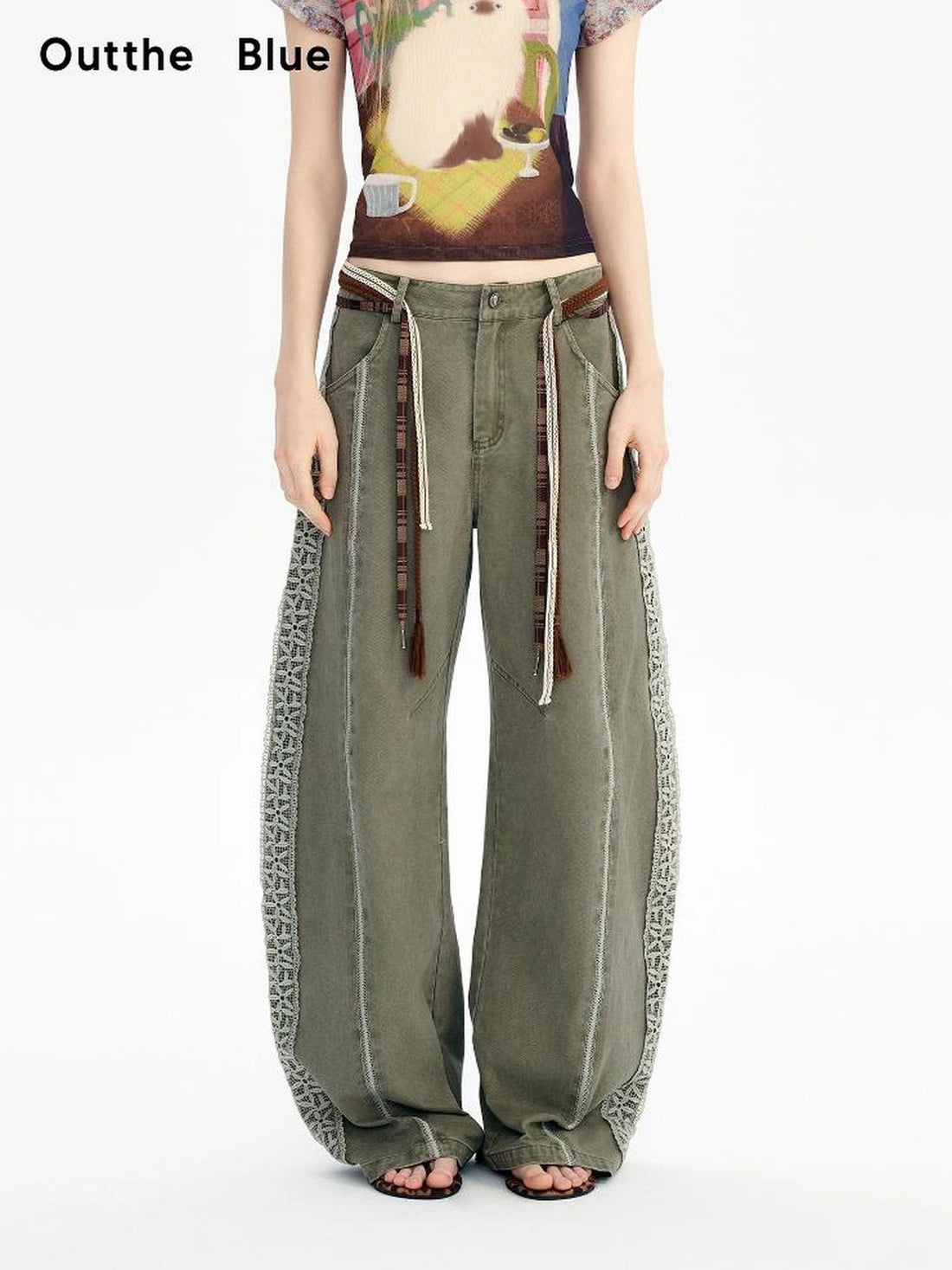 OuttheBlue Summer Cotton Lace Wide Leg Cropped Pants