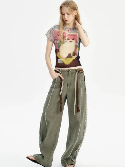 OuttheBlue Summer Cotton Lace Wide Leg Cropped Pants