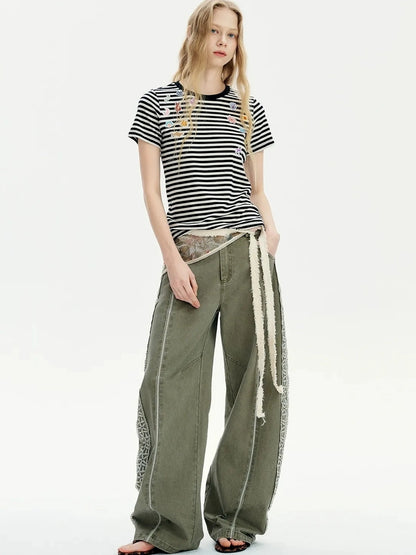 OuttheBlue Summer Cotton Lace Wide Leg Cropped Pants