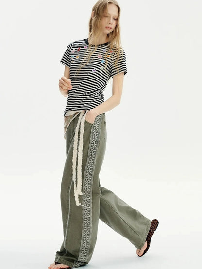 OuttheBlue Summer Cotton Lace Wide Leg Cropped Pants