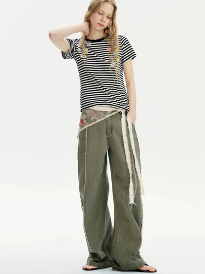 OuttheBlue Summer Cotton Lace Wide Leg Cropped Pants