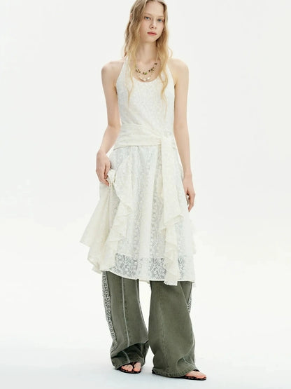 OuttheBlue Summer Cotton Lace Wide Leg Cropped Pants