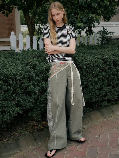 OuttheBlue Summer Cotton Lace Wide Leg Cropped Pants