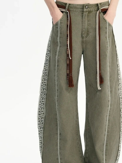 OuttheBlue Summer Cotton Lace Wide Leg Cropped Pants