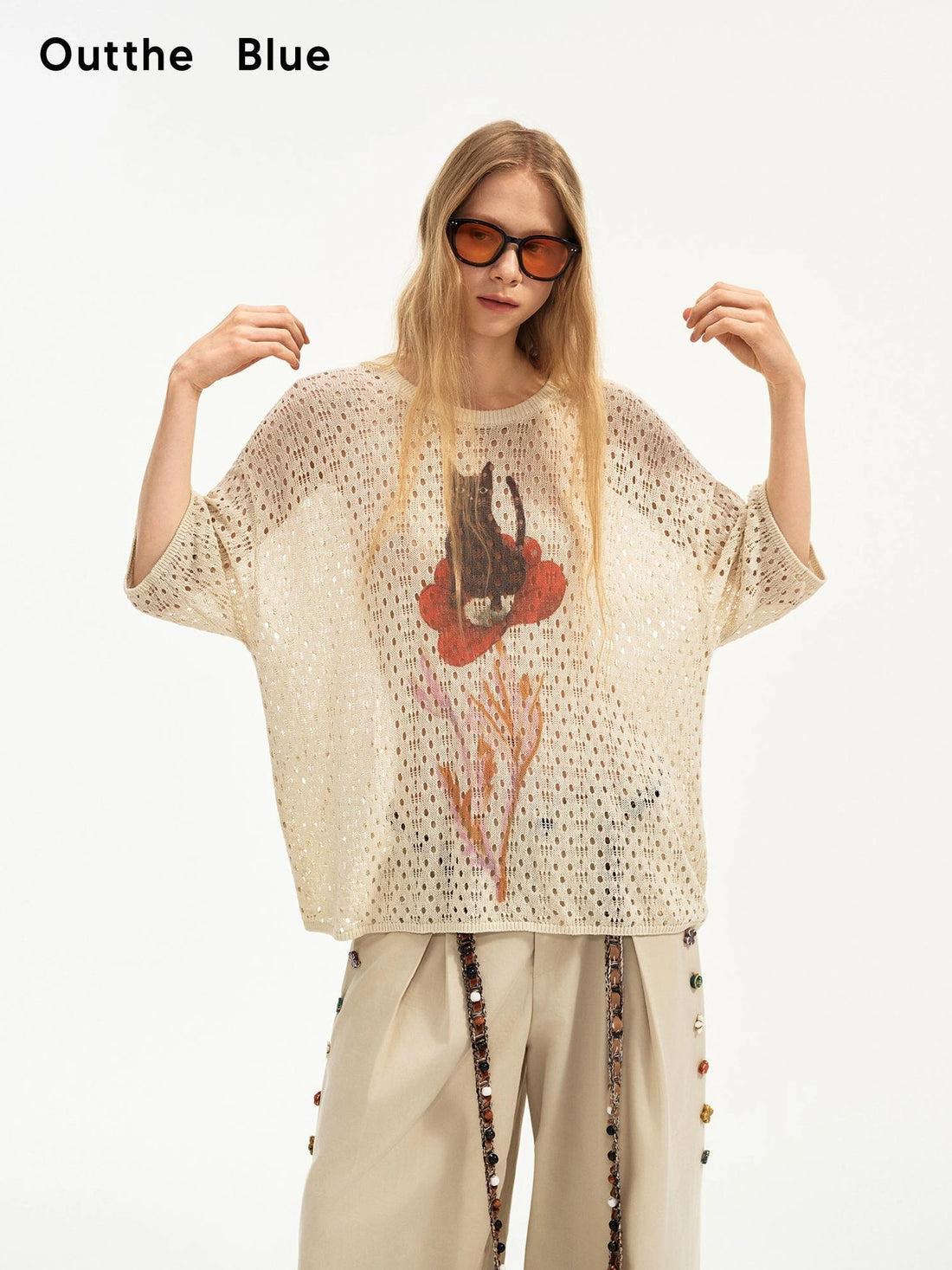 Summer Floral Lace Knit Tee V-neck T-shirt Long Sleeve