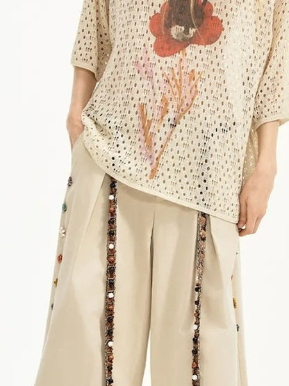 Summer Floral Lace Knit Tee V-neck T-shirt Long Sleeve