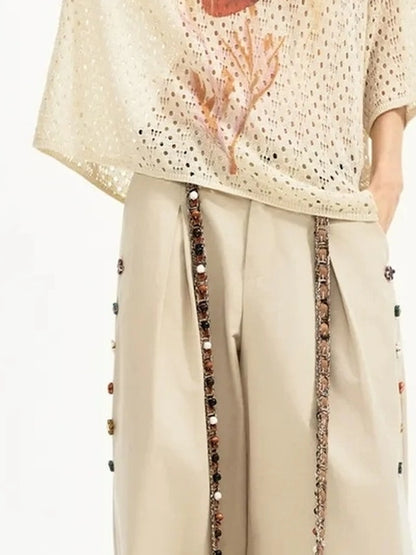 Summer Floral Lace Knit Tee V-neck T-shirt Long Sleeve