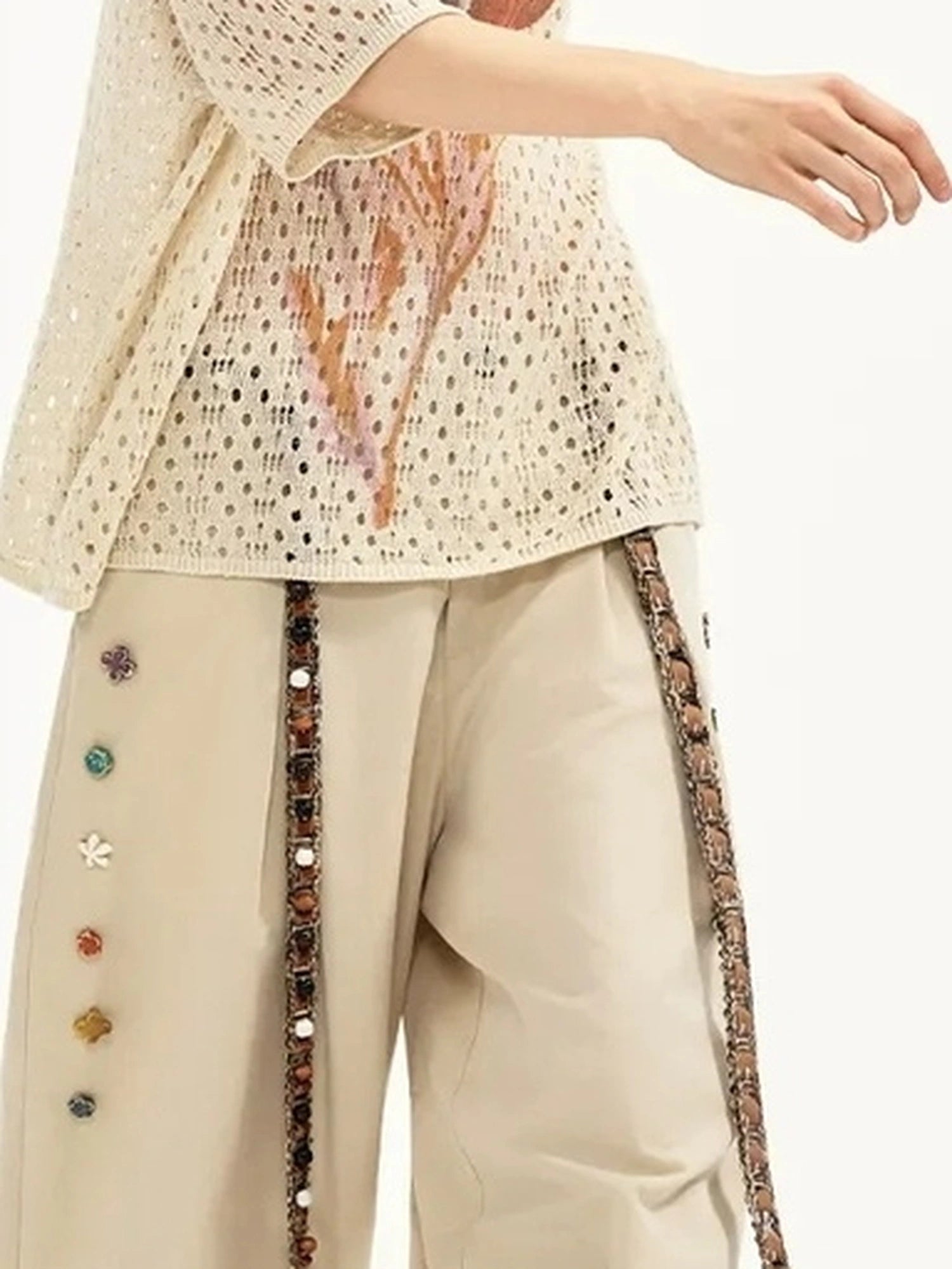 Summer Floral Lace Knit Tee V-neck T-shirt Long Sleeve