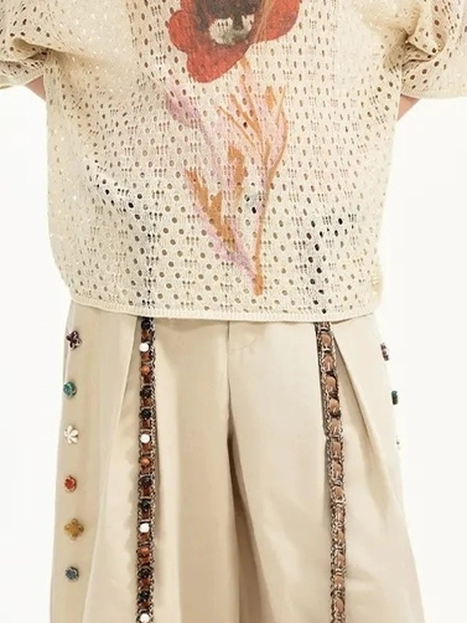 Summer Floral Lace Knit Tee V-neck T-shirt Long Sleeve