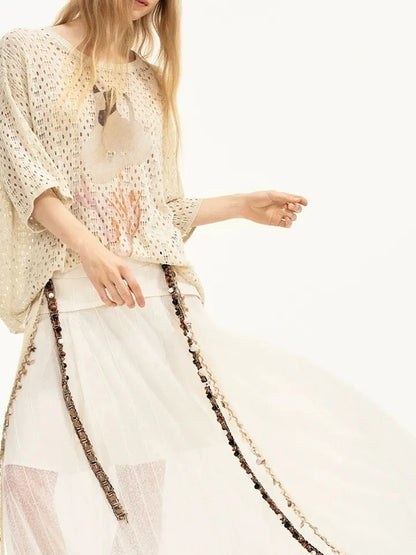 Summer Floral Lace Knit Tee V-neck T-shirt Long Sleeve