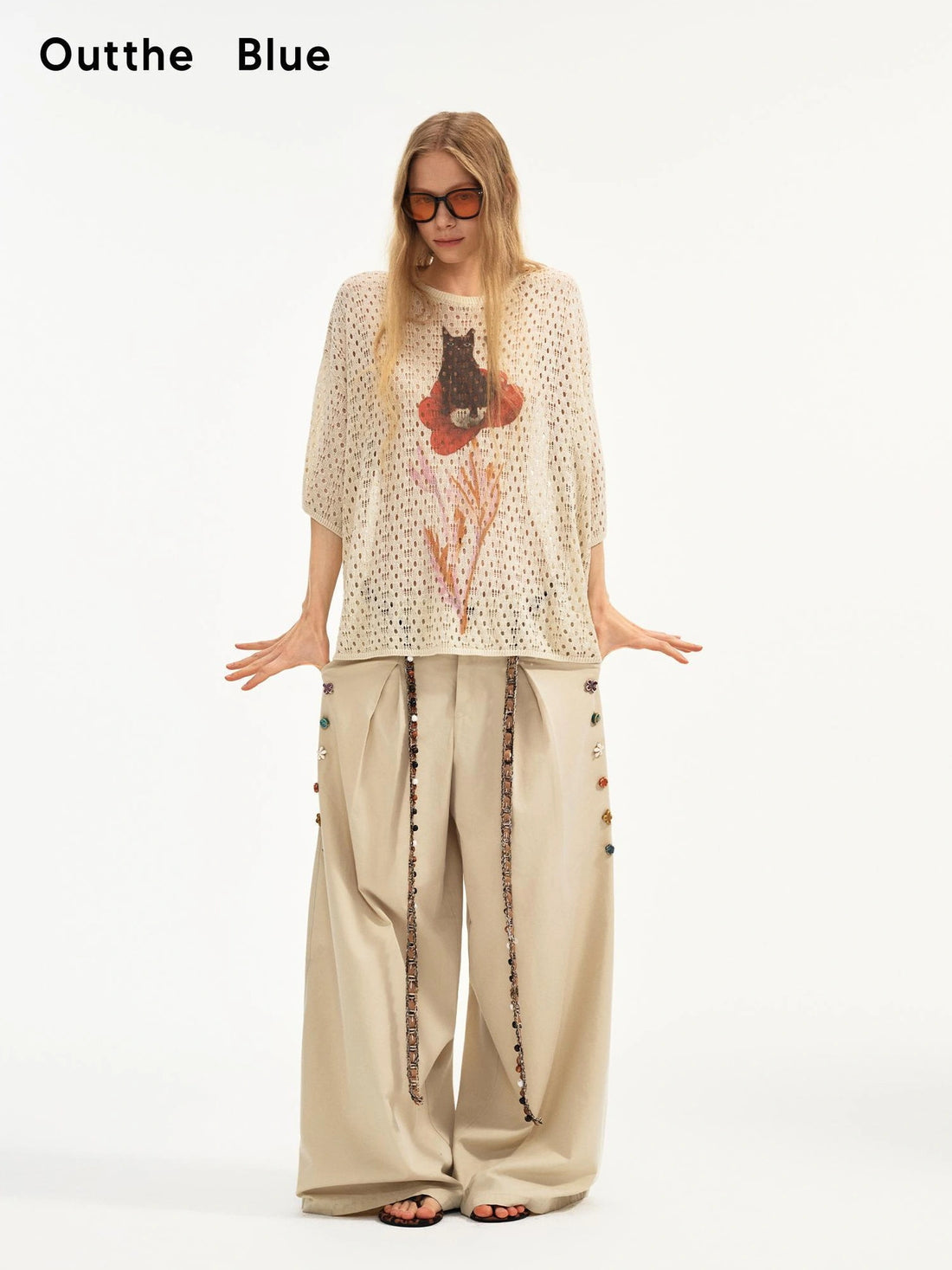 Summer Floral Lace Knit Tee V-neck T-shirt Long Sleeve