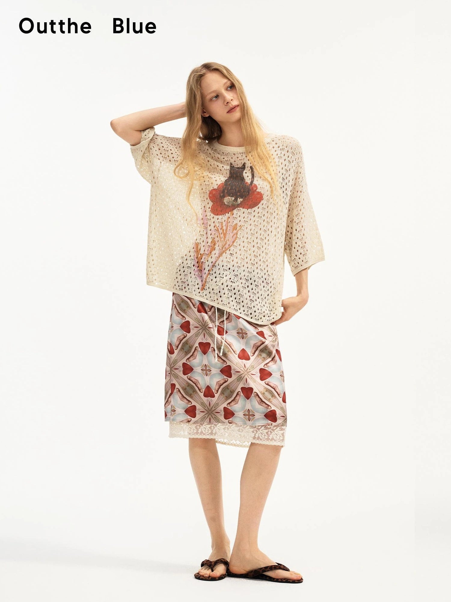 Summer Floral Lace Knit Tee V-neck T-shirt Long Sleeve