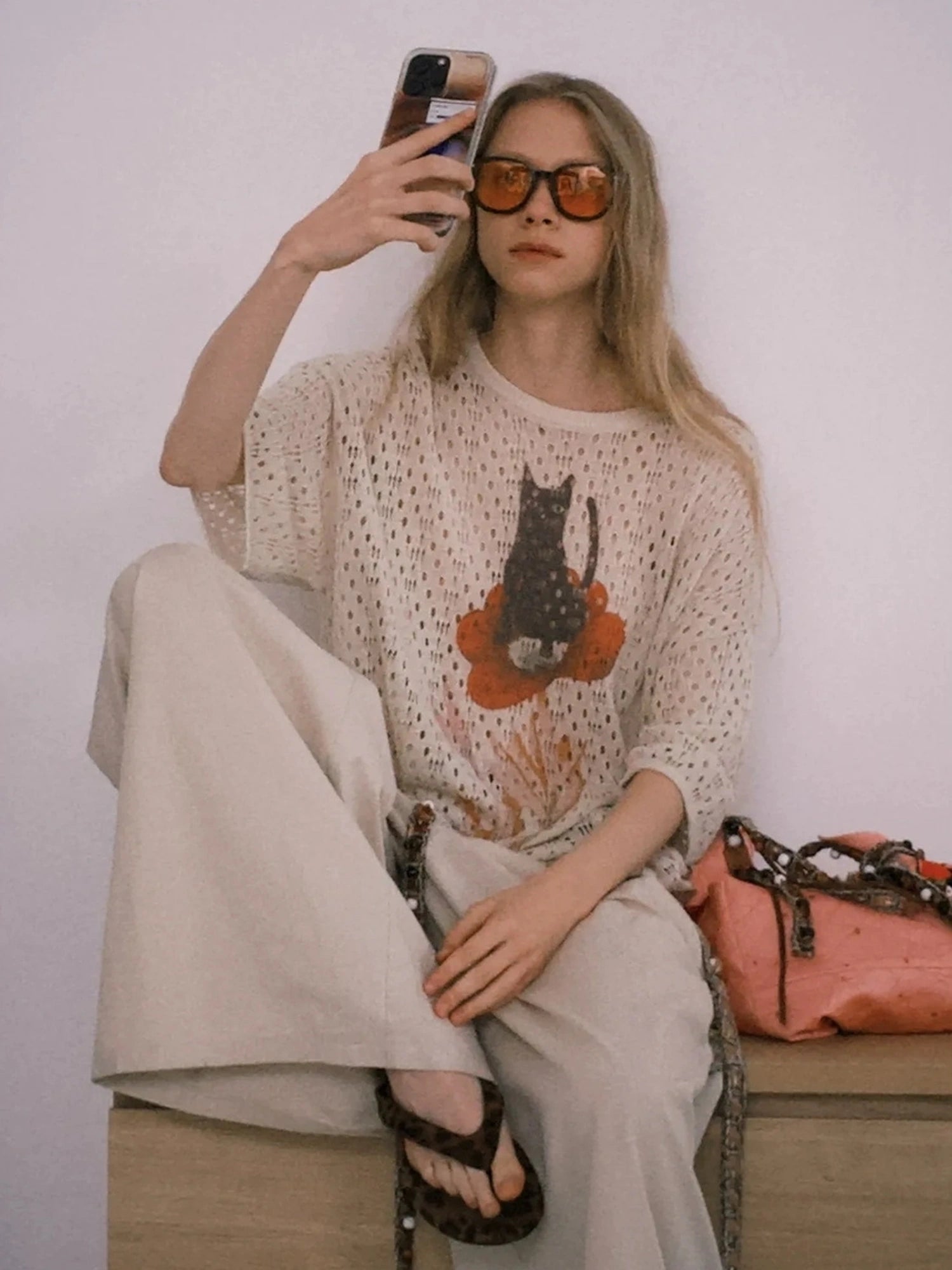 Summer Floral Lace Knit Tee V-neck T-shirt Long Sleeve