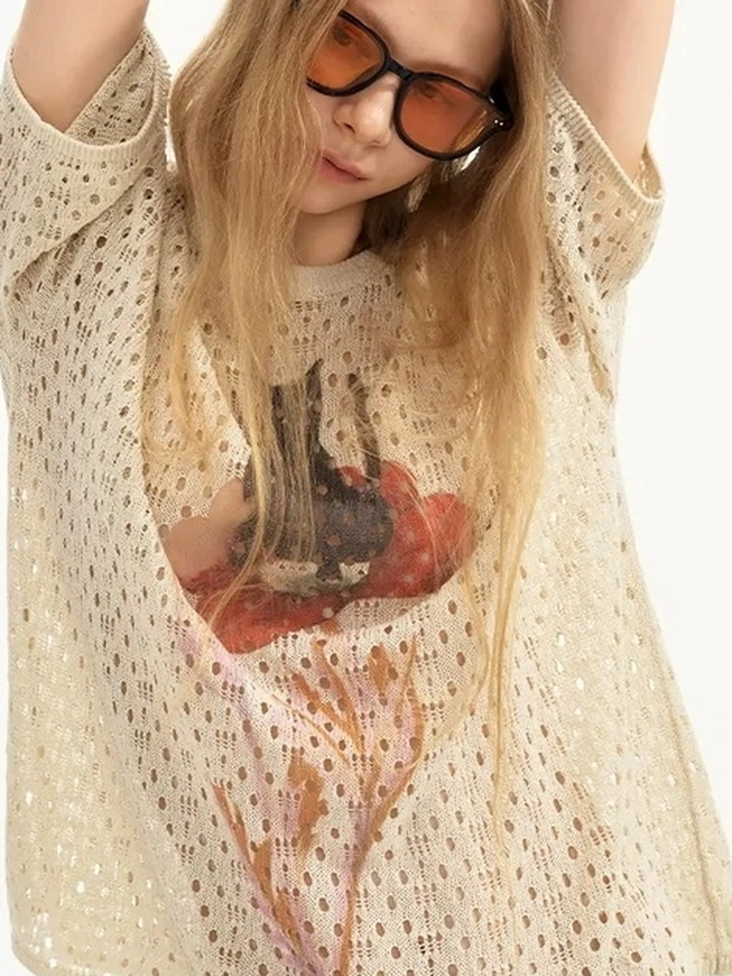 Summer Floral Lace Knit Tee V-neck T-shirt Long Sleeve