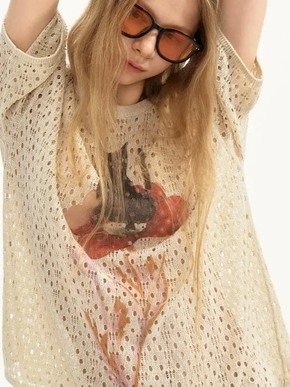 Summer Floral Lace Knit Tee V-neck T-shirt Long Sleeve