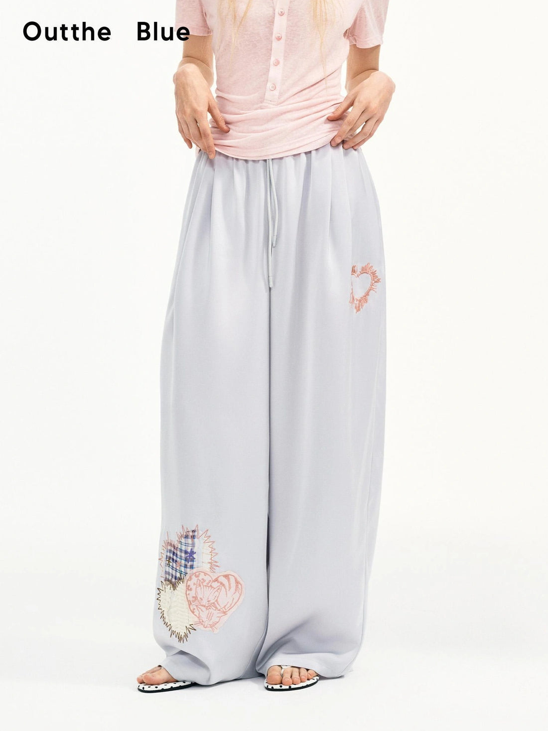 OuttheBlue Summer Patchwork Embroidered Satin Trousers